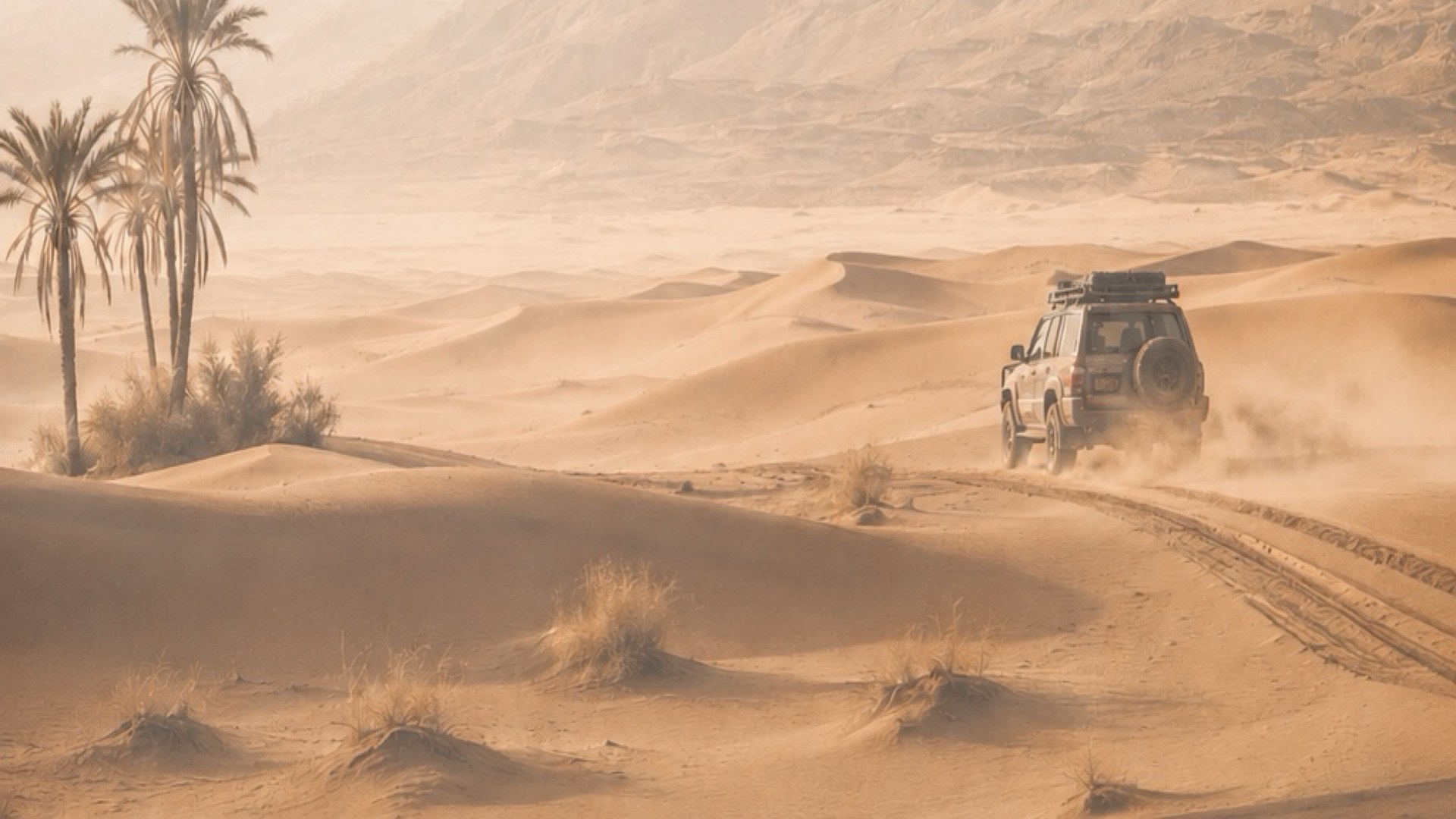 Paisaje del desierto del Sáhara en Marruecos: dunas doradas, palmeras y un 4x4 en el horizonte