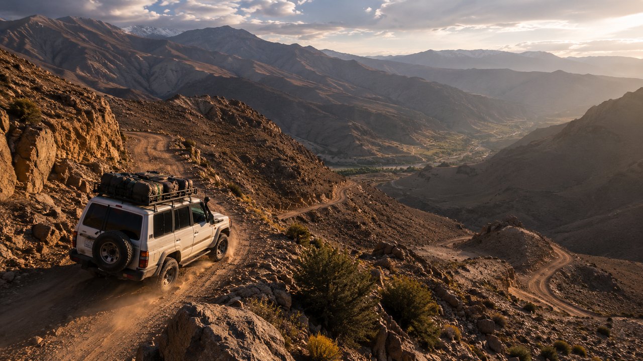Toyota Land Cruiser descendiendo una pista de montaña del Alto Atlas rumbo a Imilchil, Marruecos