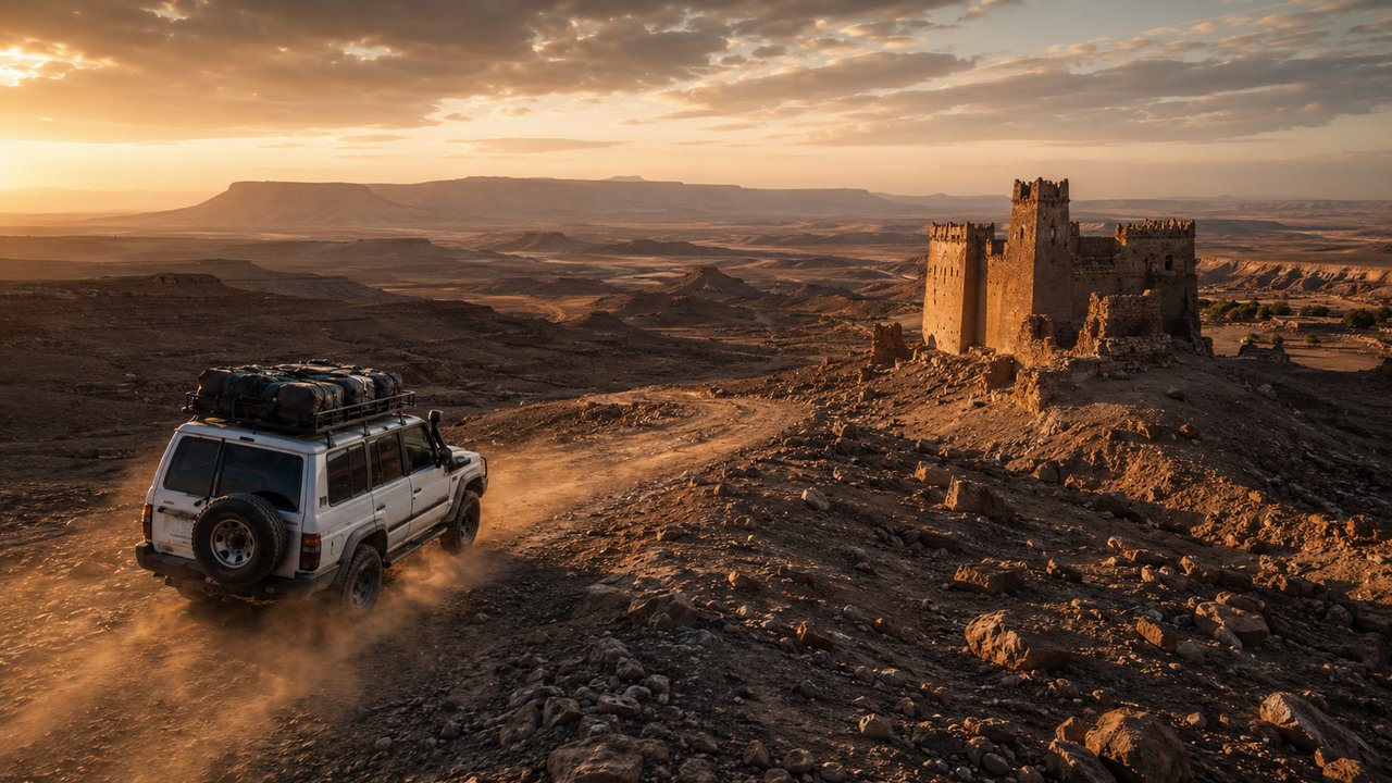 Toyota Land Cruiser junto a un granero fortificado bereber en la meseta rocosa camino a Foum Zguid