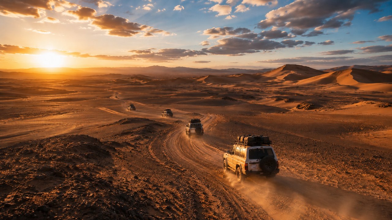 Toyota Land Cruiser en tormenta de arena del Dakar — despedida del Sáhara
